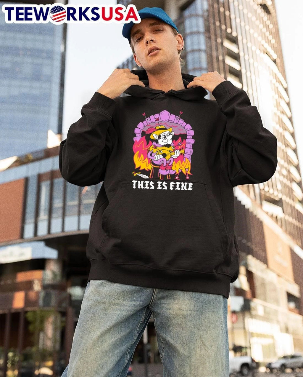 Bard Playing Lute Amidst Fire This Is Fine - Adult & Kids T-Shirts, Sweatshirts & Hoodies apparel design preview 3