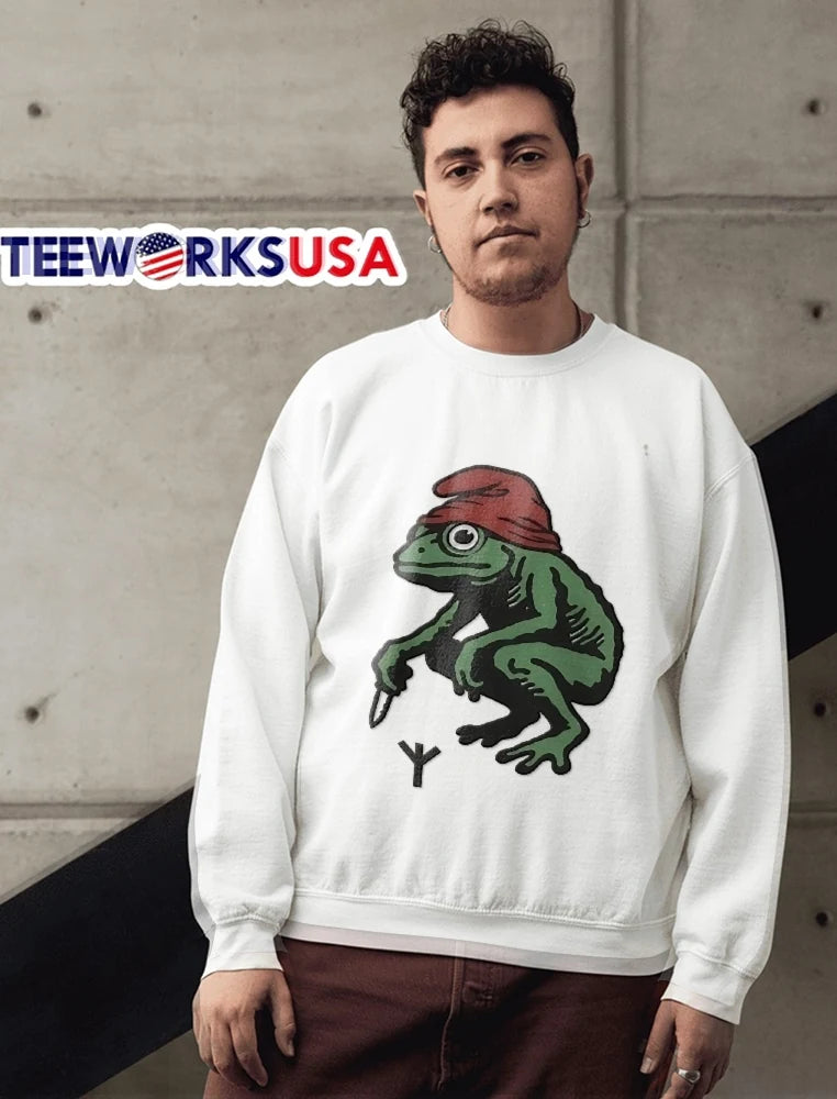 Squatting Green Frog Red Gnome Hat Holding Dagger - Adult & Kids T-Shirts, Sweatshirts & Hoodies apparel design preview 6