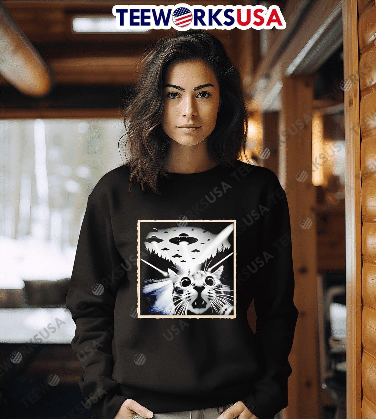 Cat Selfie With Ufo Alien - Adult & Kids T-Shirts, Sweatshirts & Hoodies apparel design preview 6