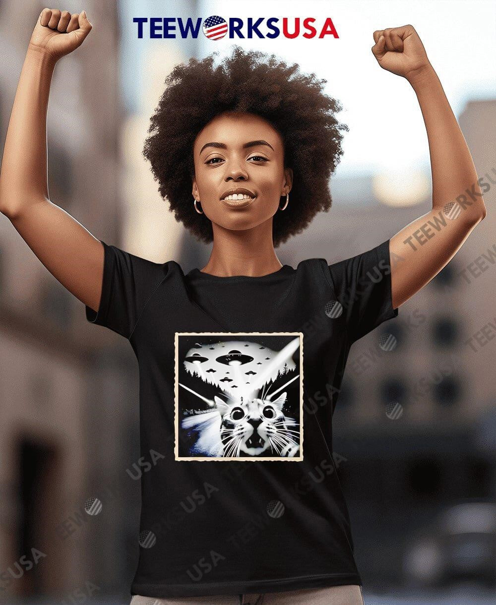 Cat Selfie With Ufo Alien - Adult & Kids T-Shirts, Sweatshirts & Hoodies apparel design preview 7