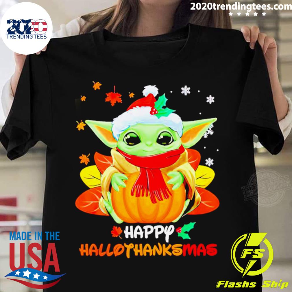 Official baby Yoda Happy Hallothanksmas - Adult & Kids T-Shirts, Sweatshirts & Hoodies apparel design preview 1