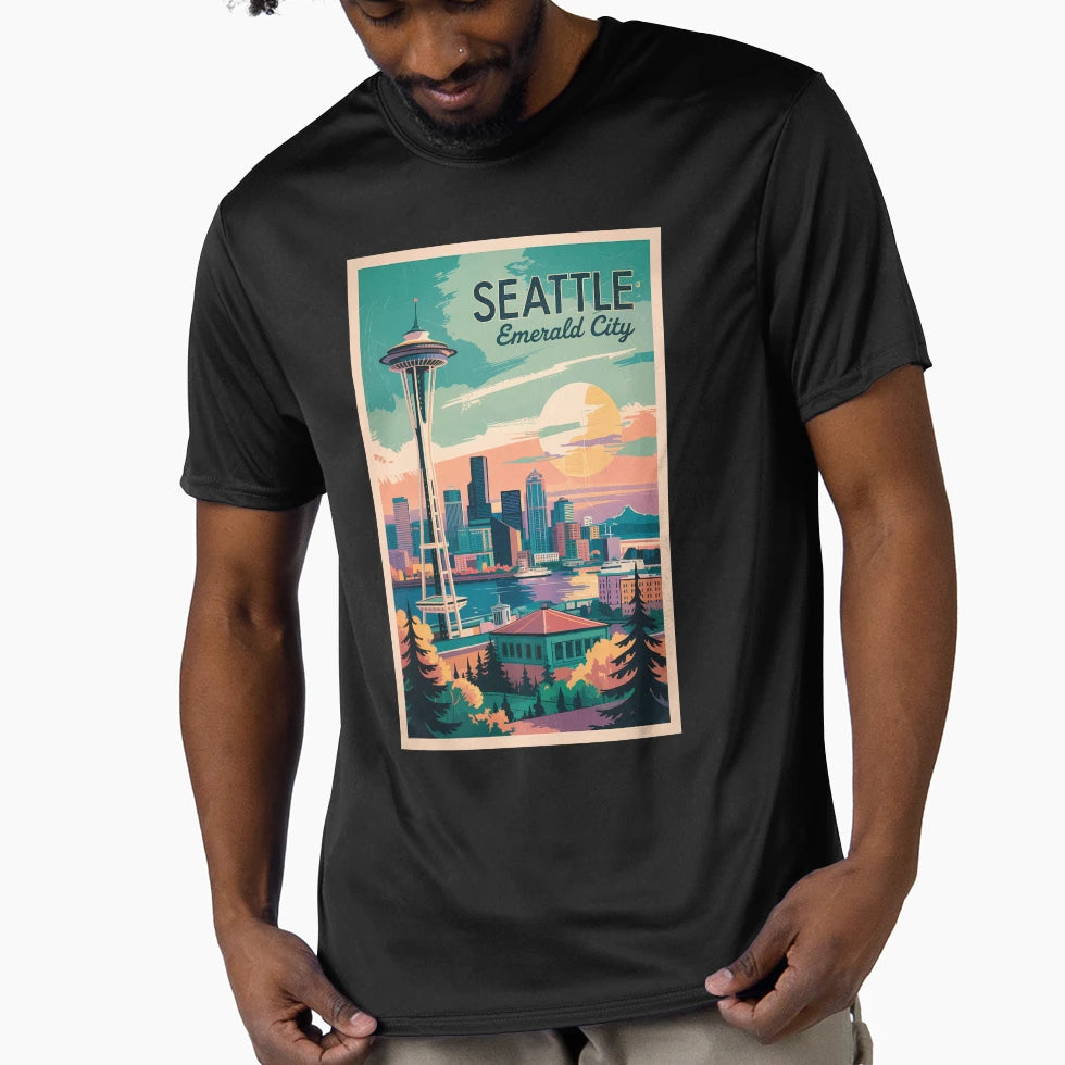 Seattle Washington Skyline Travel Art T-Shirt - Trendy Graphic for Adults - T-Shirt, Sweatshirt, Hoodie