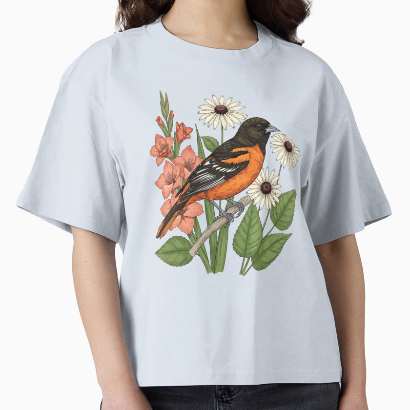 Baltimore Oriole Bird Gladiolus T-Shirt - Casual Everyday Wear for Adults - T-Shirt, Sweatshirt, Hoodie