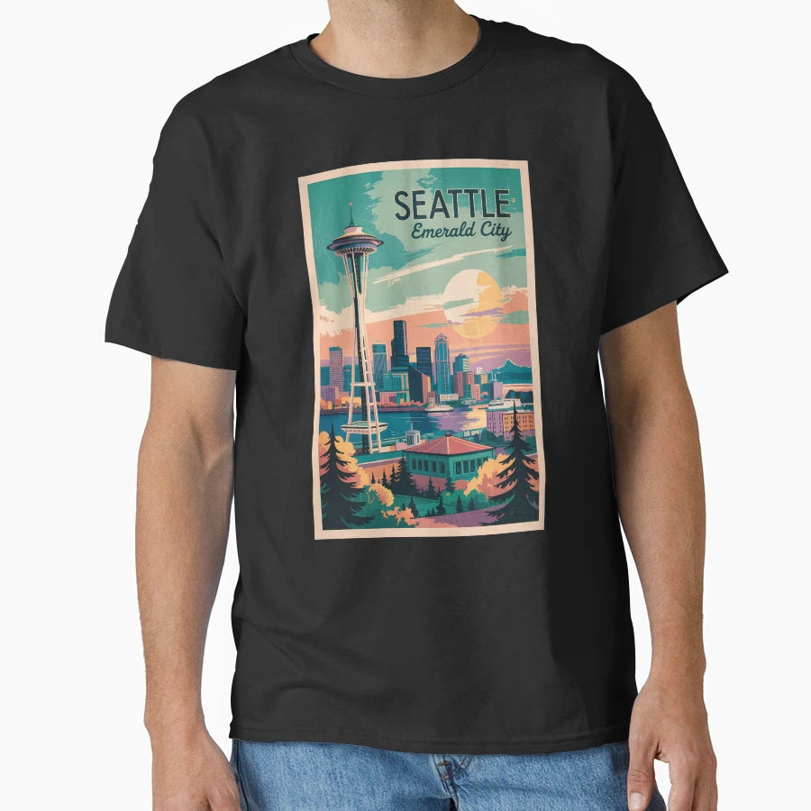 Seattle Washington Skyline Travel Art T-Shirt - Unique Graphic Men Women - T-Shirt, Sweatshirt, Hoodie
