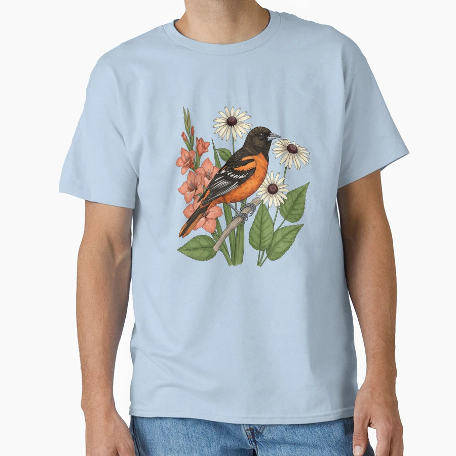 Baltimore Oriole Bird Gladiolus And T-Shirt - Custom Art Print Unisex - T-Shirt, Sweatshirt, Hoodie