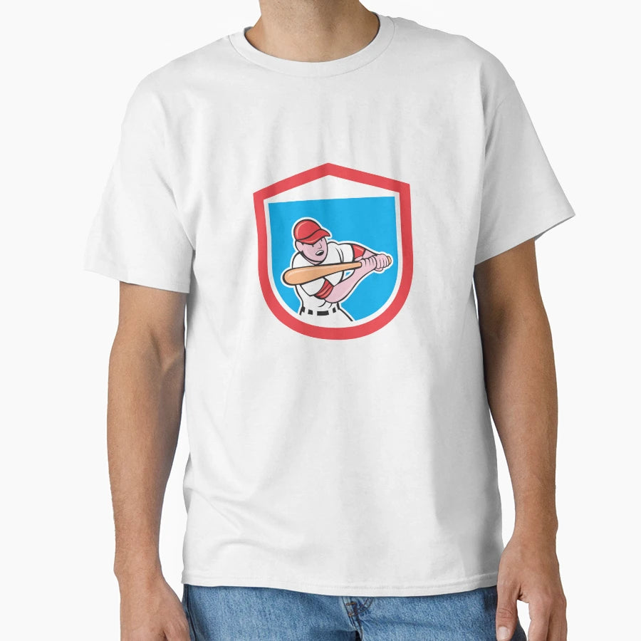Baseball Player Batting Shield Cartoon T-Shirt - Novelty Apparel Men Women - T-Shirt, Sweatshirt, Hoodie