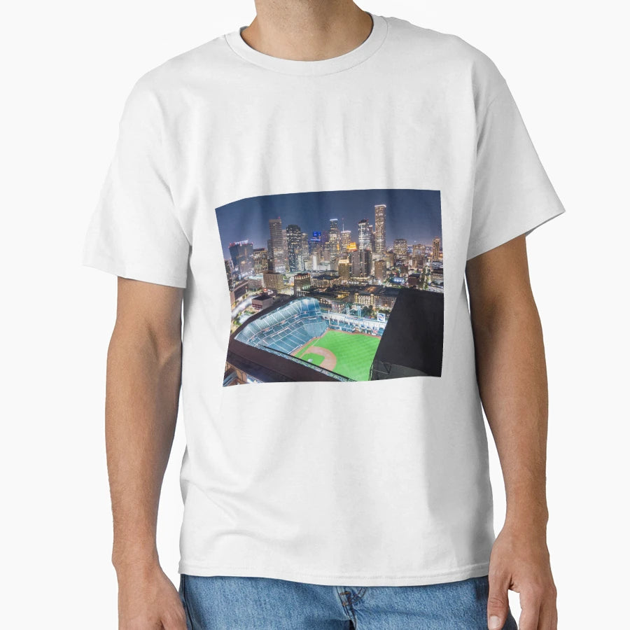 Houston Skyline Lit Up Night Minute Maid T-Shirt - Custom Art Print Unisex - T-Shirt, Sweatshirt, Hoodie