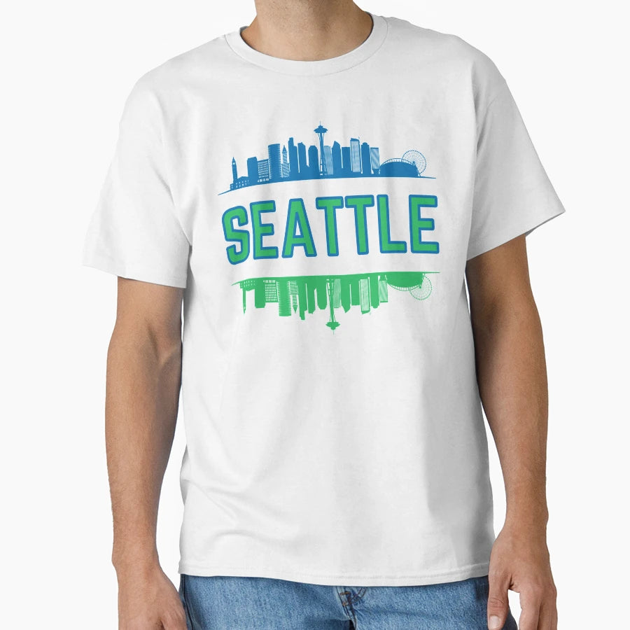 Blue And Green Seattle Skyline T-Shirt - Graphic Print Unisex - T-Shirt, Sweatshirt, Hoodie