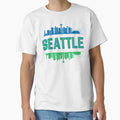 Blue And Green Seattle Skyline T-Shirt - Graphic Print Unisex - T-Shirt, Sweatshirt, Hoodie