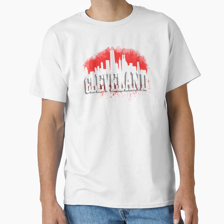 Red Cleveland Ohio Skyline Distressed T-Shirt - Novelty Apparel Unisex - T-Shirt, Sweatshirt, Hoodie