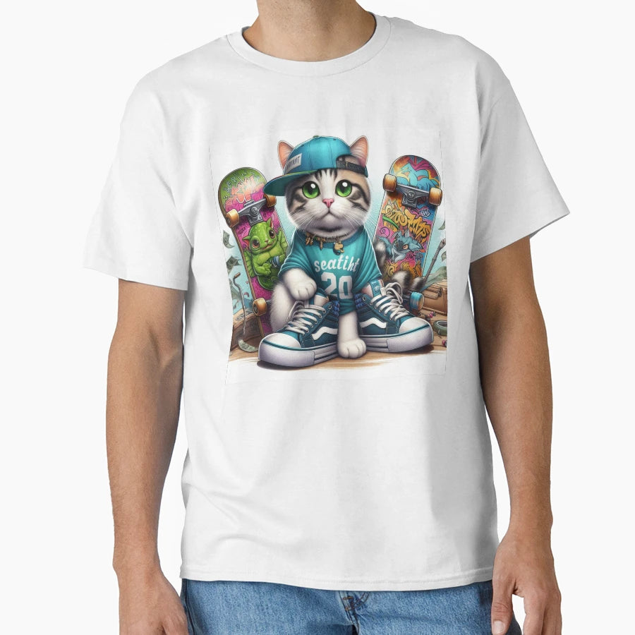 Skateboarding Cat Graffiti Art T-Shirt - Casual Everyday Wear Men Women - T-Shirt, Sweatshirt, Hoodie