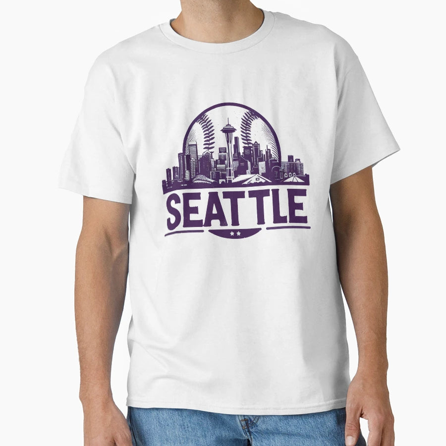 Purple Seattle Baseball Cityscape T-Shirt - Aesthetic Graphic Unisex - T-Shirt, Sweatshirt, Hoodie
