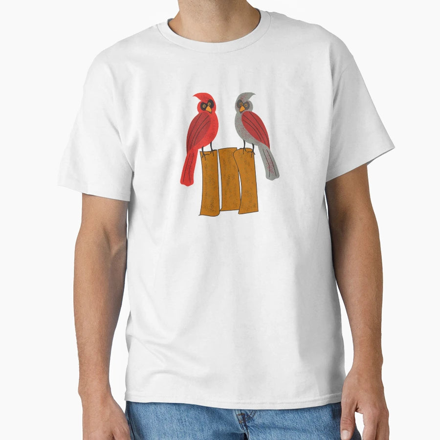 Two Cardinals Fence Cartoon Drawing T-Shirt - Fun Novelty Design Men Women - T-Shirt, Sweatshirt, Hoodie