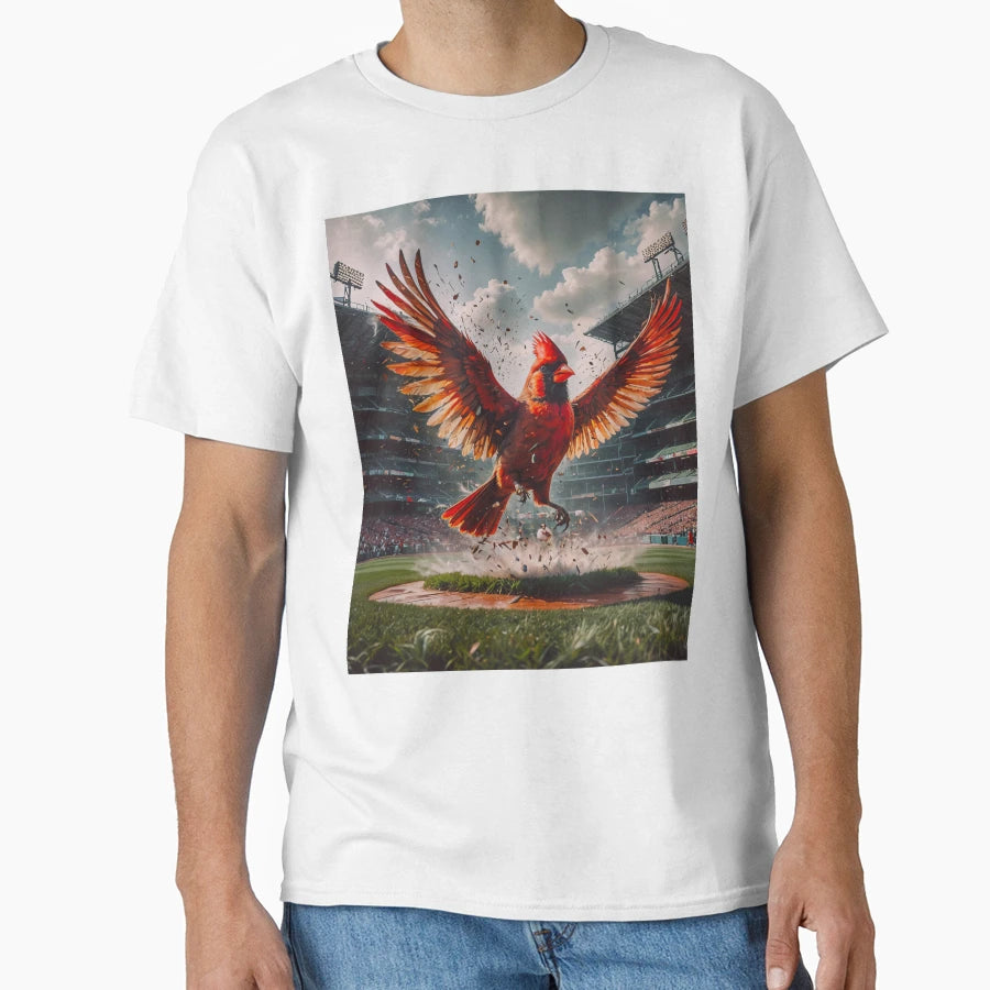 Crimson Power Cardinal Explosion Field T-Shirt - Trendy Graphic for Adults - T-Shirt, Sweatshirt, Hoodie