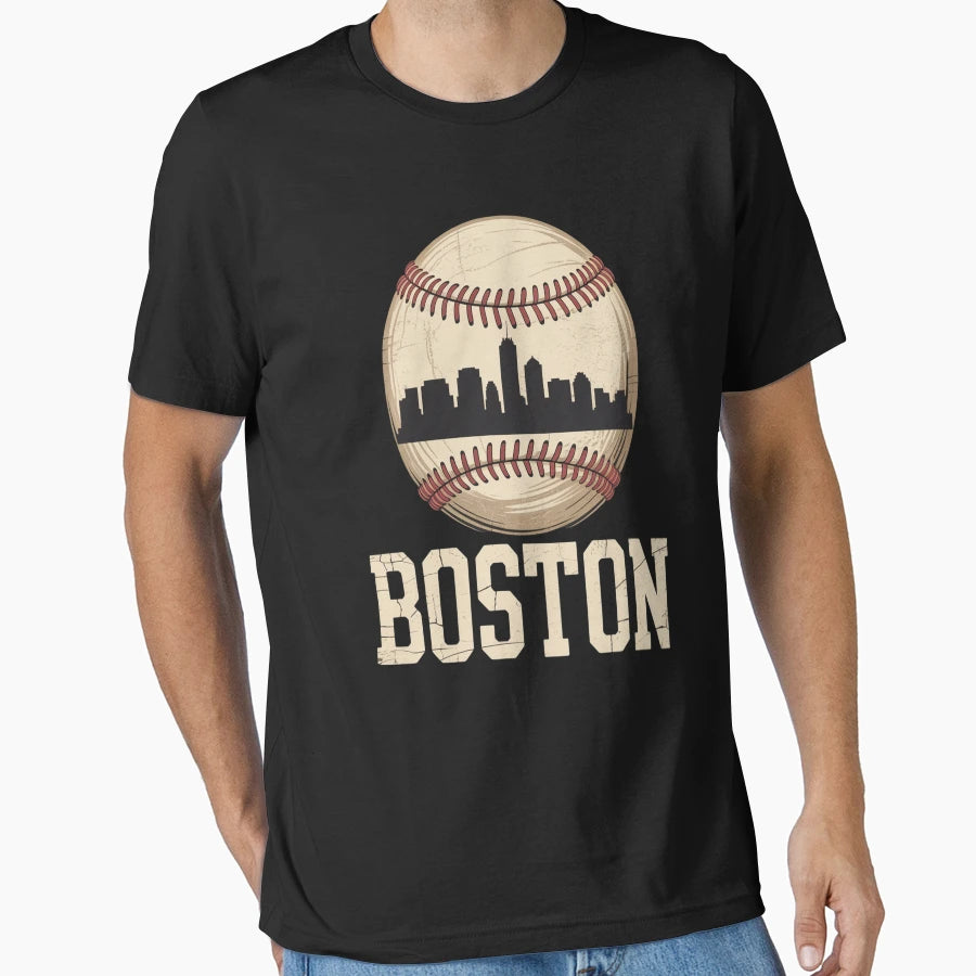 Boston Skyline City Baseball T-Shirt - Aesthetic Graphic for Adults - T-Shirt, Sweatshirt, Hoodie