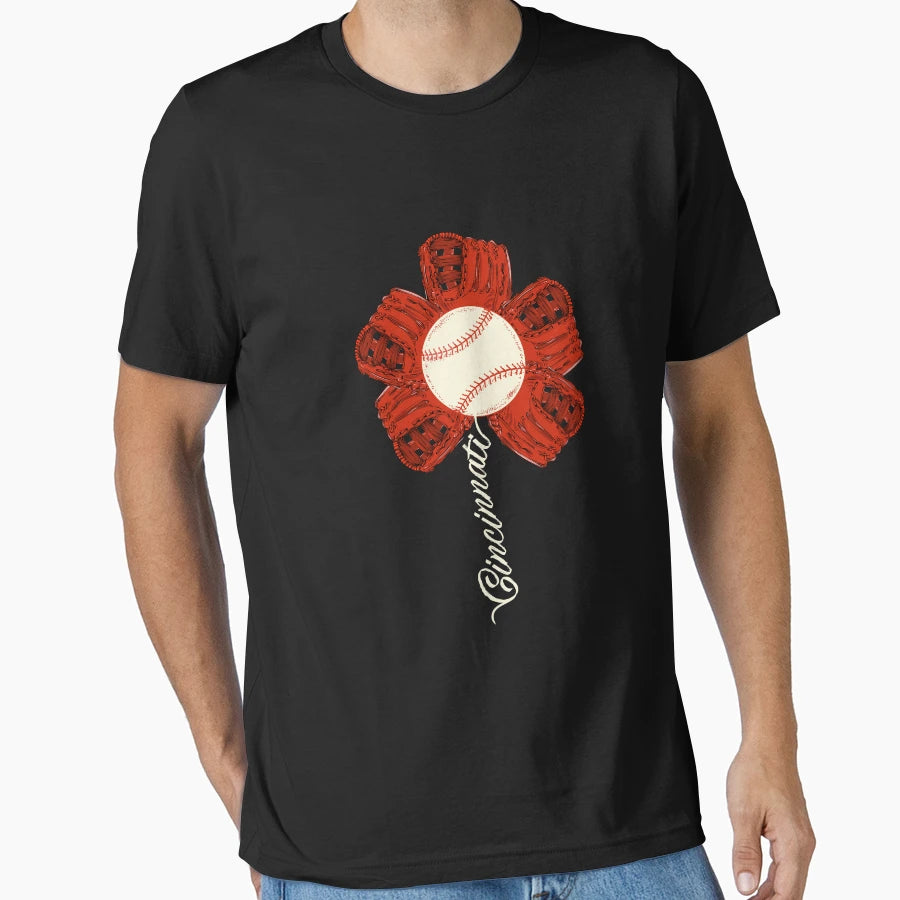 Cincinnati Baseball Flower Sports T-Shirt - Casual Everyday Wear Men Women - T-Shirt, Sweatshirt, Hoodie