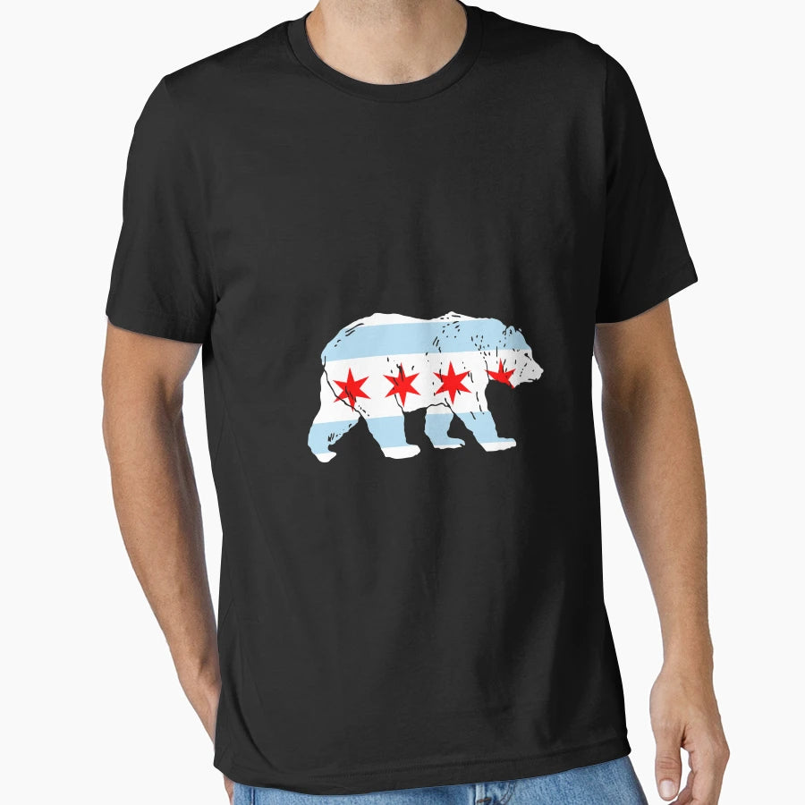 City Chicago Flag Bear Lover T-Shirt - Custom Art Print Unisex - T-Shirt, Sweatshirt, Hoodie
