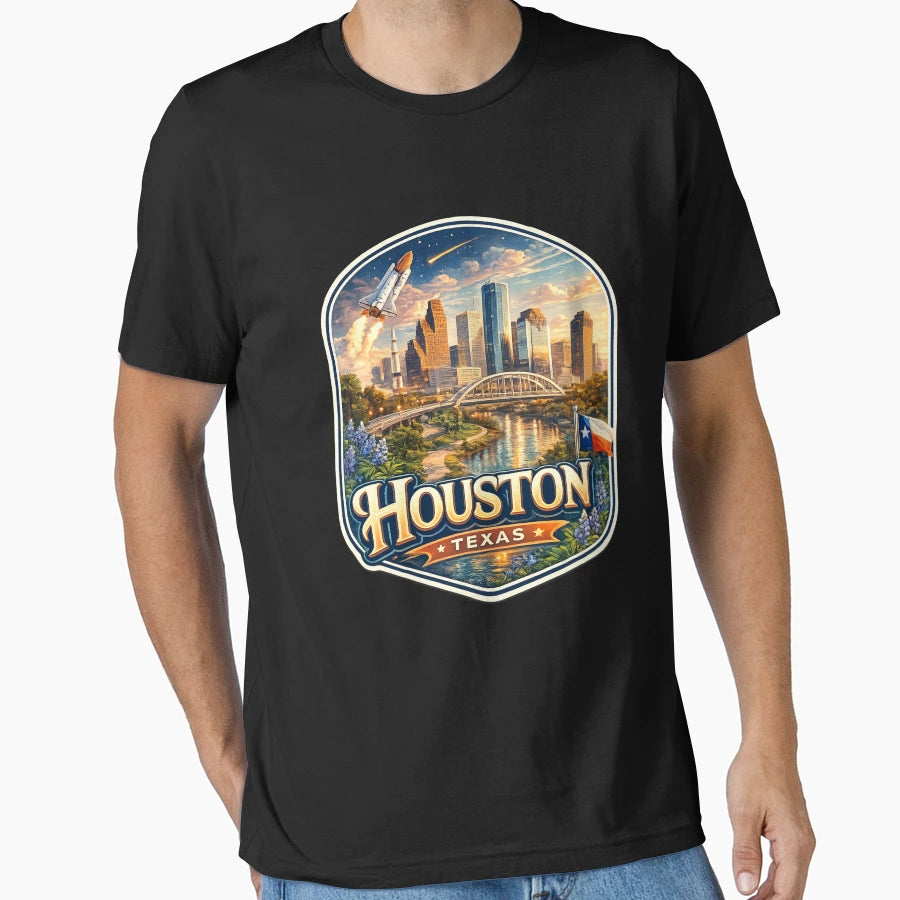 Houston Texas Space City Skyline Rocket T-Shirt - Unique Graphic for Adults - T-Shirt, Sweatshirt, Hoodie