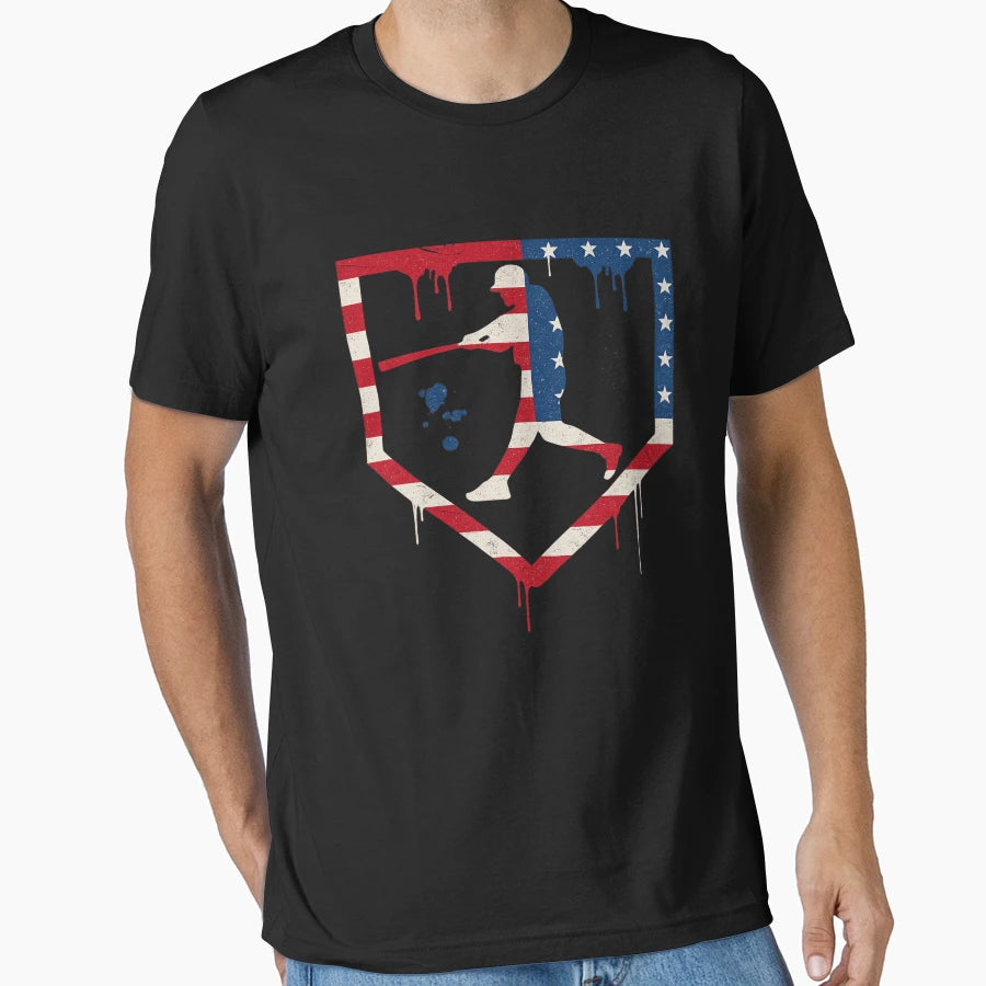 American Flag Baseball Hitter Patriot Art T-Shirt - Graphic Print Unisex - T-Shirt, Sweatshirt, Hoodie