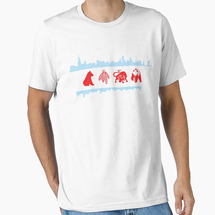 Chicago Flags Teams And Skyline T-Shirt - Aesthetic Graphic for Adults - T-Shirt, Sweatshirt, Hoodie
