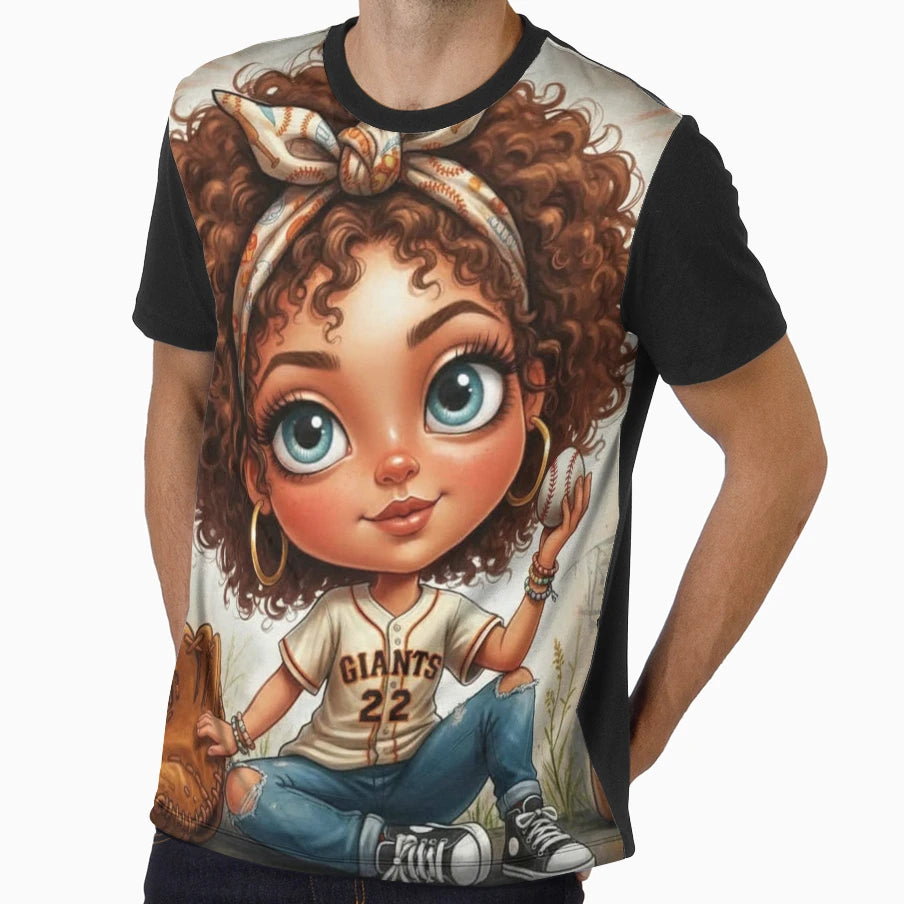 Baseball Cartoon Curly Hair Holding T-Shirt - Custom Art Print Men Women - T-Shirt, Sweatshirt, Hoodie