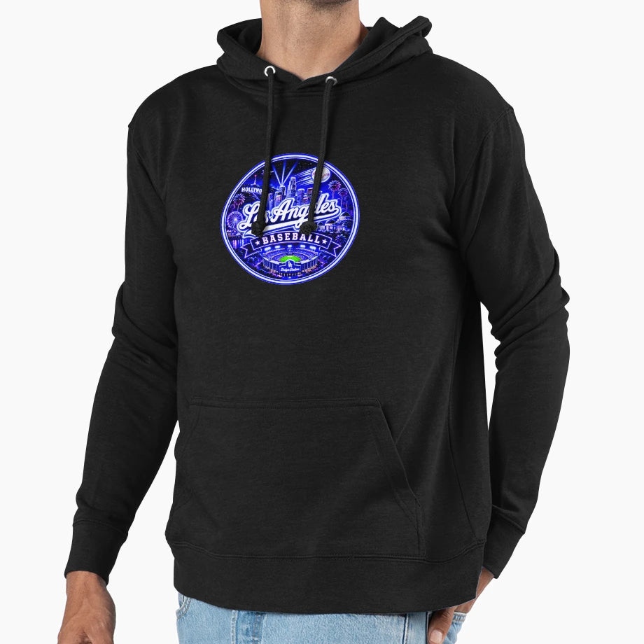 Los Angeles Baseball Neon Night Skyline Hoodie - Graphic Print Men Women - T-Shirt, Sweatshirt, Hoodie