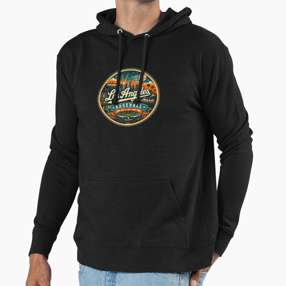 Los Angeles Baseball Teal Orange Sunset Badge Hoodie - Graphic Print Unisex - T-Shirt, Sweatshirt, Hoodie