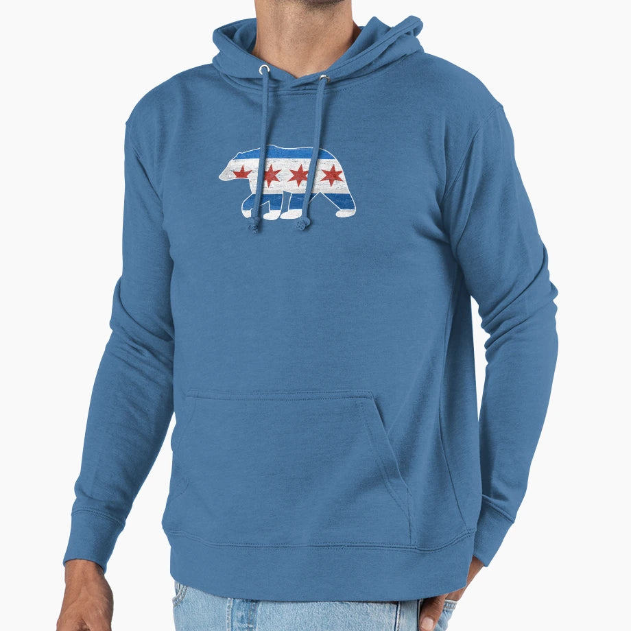 Chicago Flag Walking Bear Grunge State Hoodie - Trendy Graphic for Adults - T-Shirt, Sweatshirt, Hoodie
