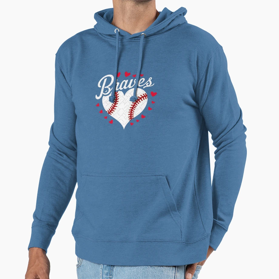 Braves Baseball Heart Hoodie - Trendy Graphic for Adults - T-Shirt, Sweatshirt, Hoodie