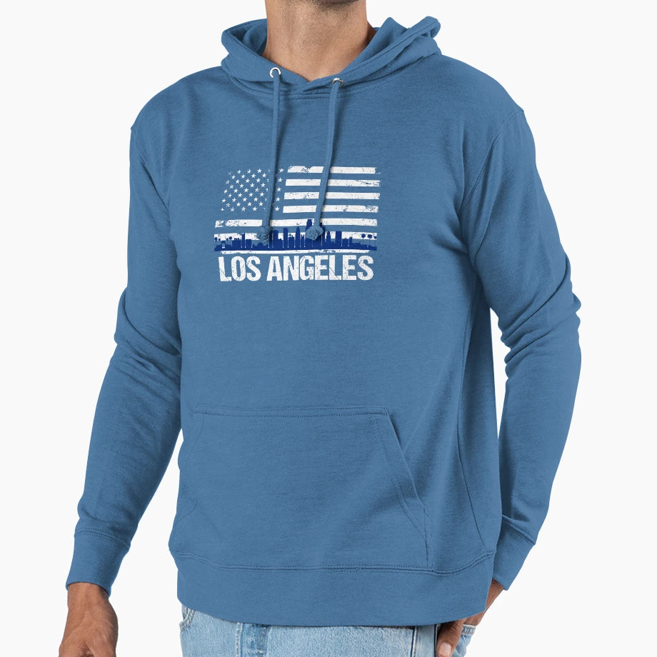 Los Angeles Skyline Distressed American Hoodie - Aesthetic Graphic Unisex - T-Shirt, Sweatshirt, Hoodie