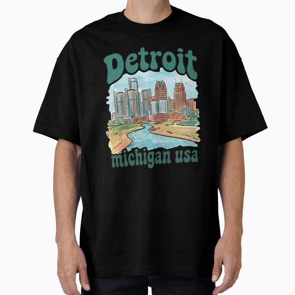 Detroit Michigan Skyline Cityscape T-Shirt - Aesthetic Graphic Unisex - T-Shirt, Sweatshirt, Hoodie