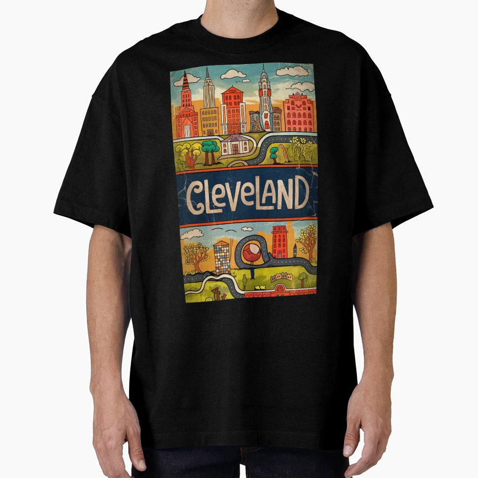 Cleveland City Whimsical Typography Art T-Shirt - Trendy Graphic Unisex - T-Shirt, Sweatshirt, Hoodie