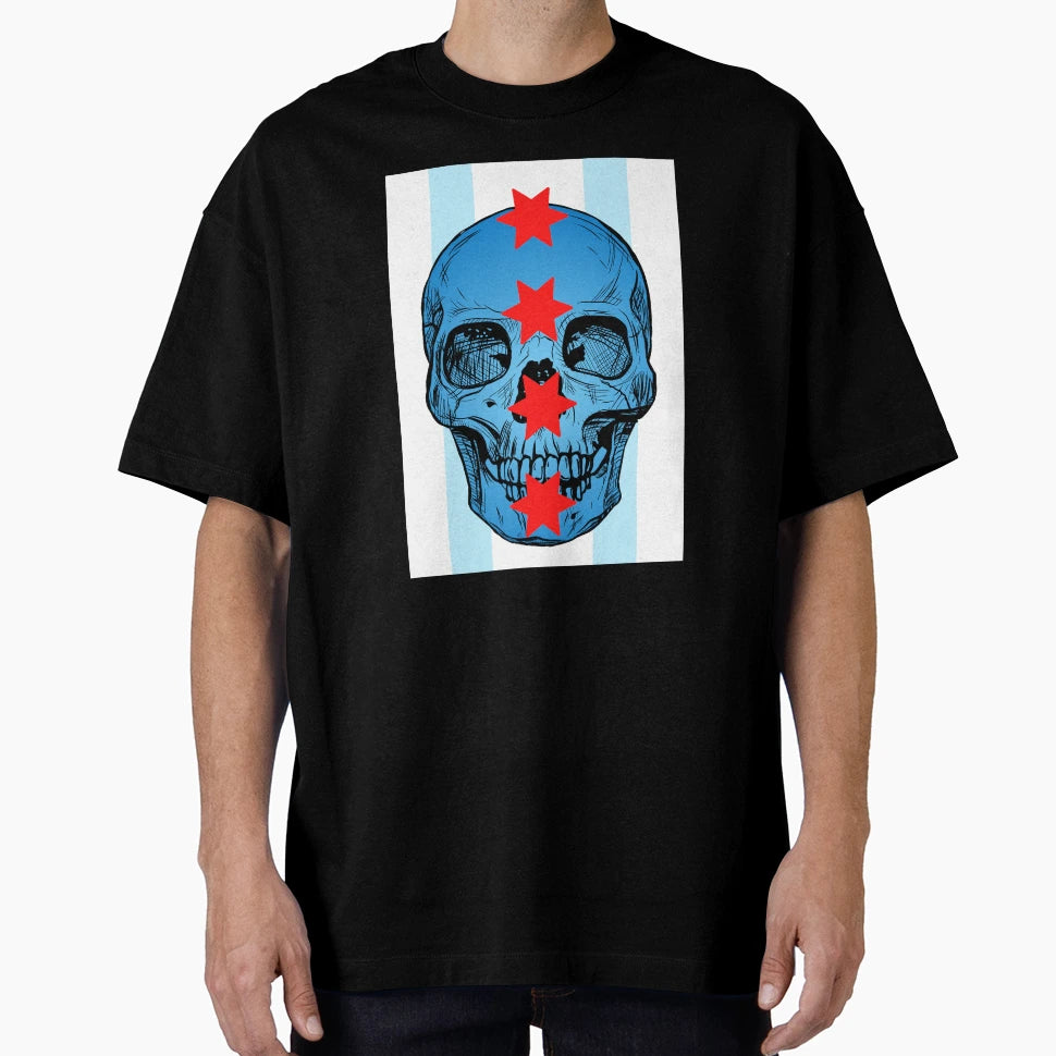 Chicago Skull And Flag T-Shirt - Fun Novelty Design Men Women - T-Shirt, Sweatshirt, Hoodie