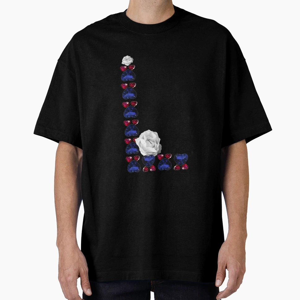 Sapphire Ruby Hearts Floral Initial T-Shirt - Minimalist Print Unisex - T-Shirt, Sweatshirt, Hoodie