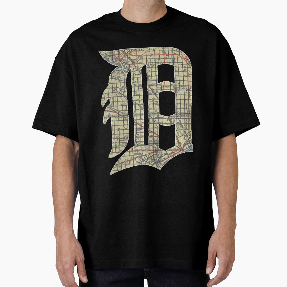 Detroit City Map Old English D T-Shirt - Unique Graphic Unisex - T-Shirt, Sweatshirt, Hoodie