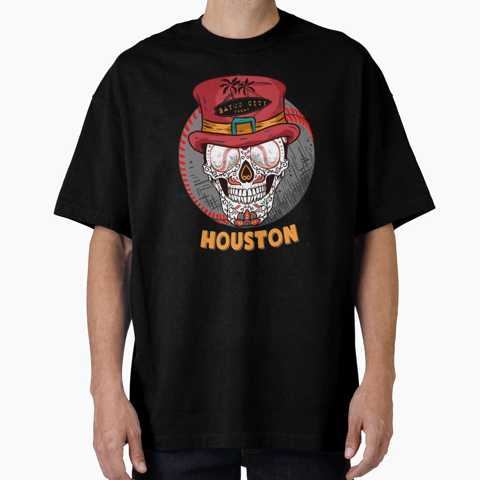 Houston Sugar Skull Bayou City Baseball T-Shirt - Novelty Apparel Men Women - T-Shirt, Sweatshirt, Hoodie
