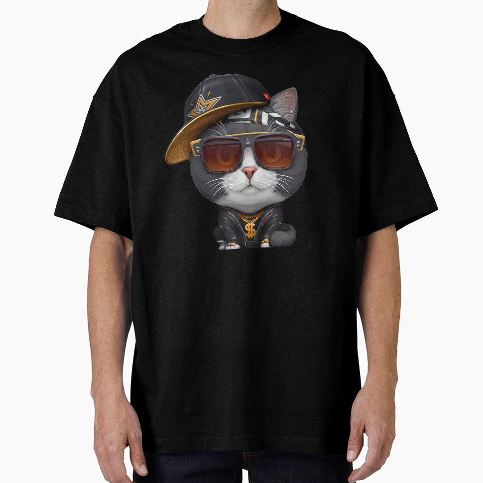 Black White Cat Hip Hop Super Star T-Shirt - Aesthetic Graphic Unisex - T-Shirt, Sweatshirt, Hoodie