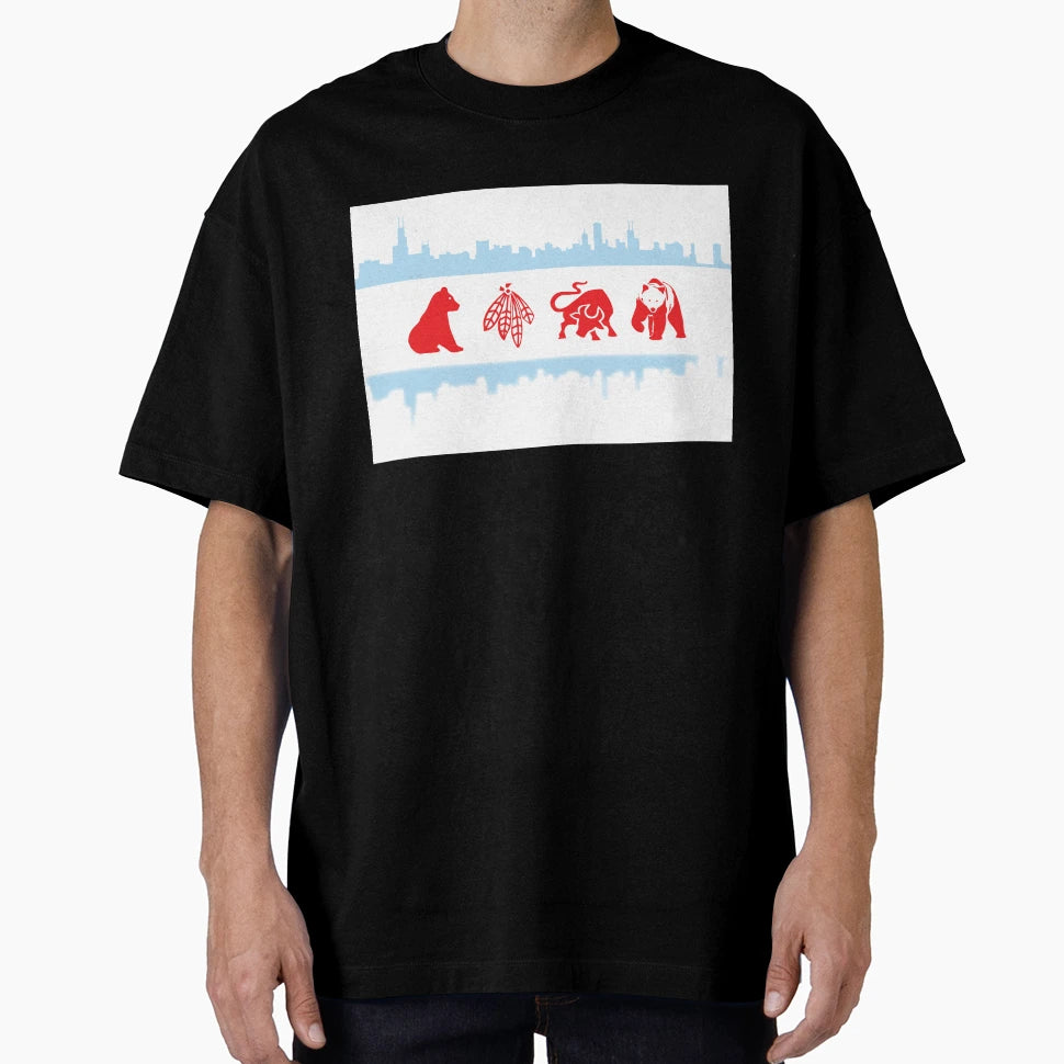 Chicago Flag Logos And Skyline T-Shirt - Fun Novelty Design Men Women - T-Shirt, Sweatshirt, Hoodie
