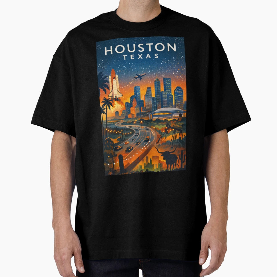 Houston Texas Skyline Sunset Space T-Shirt - Unique Graphic Men Women - T-Shirt, Sweatshirt, Hoodie