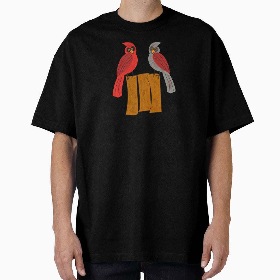 Two Cardinals Fence Cartoon Drawing T-Shirt - Novelty Apparel Men Women - T-Shirt, Sweatshirt, Hoodie