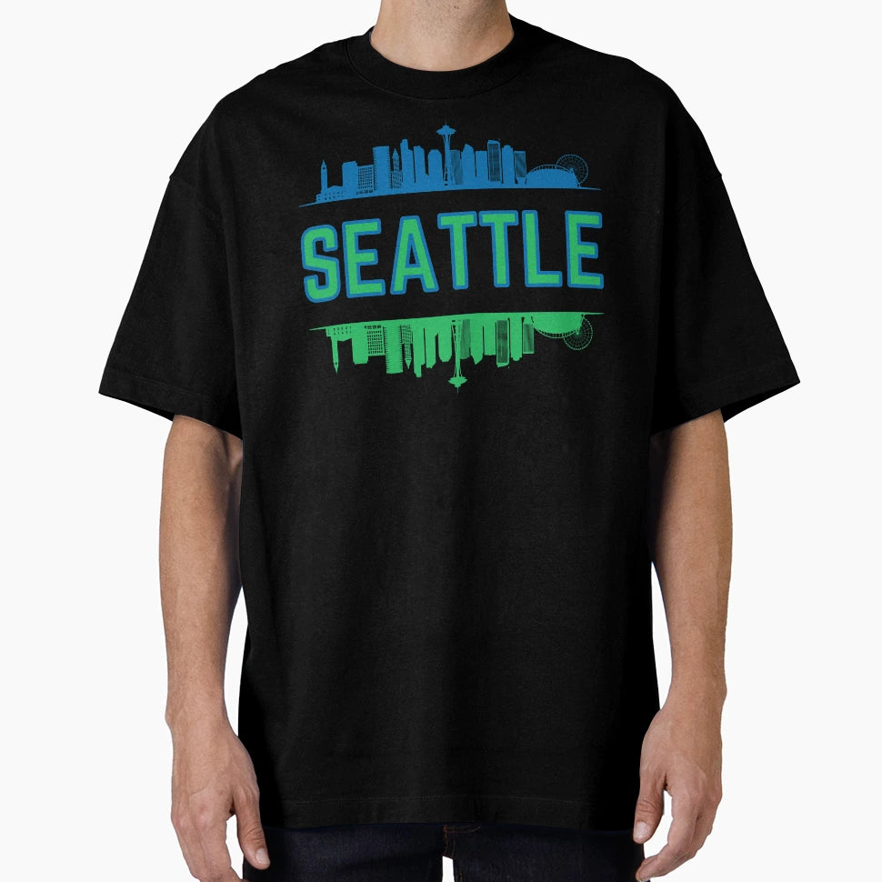 Blue And Green Seattle Skyline T-Shirt - Casual Everyday Wear Men Women - T-Shirt, Sweatshirt, Hoodie