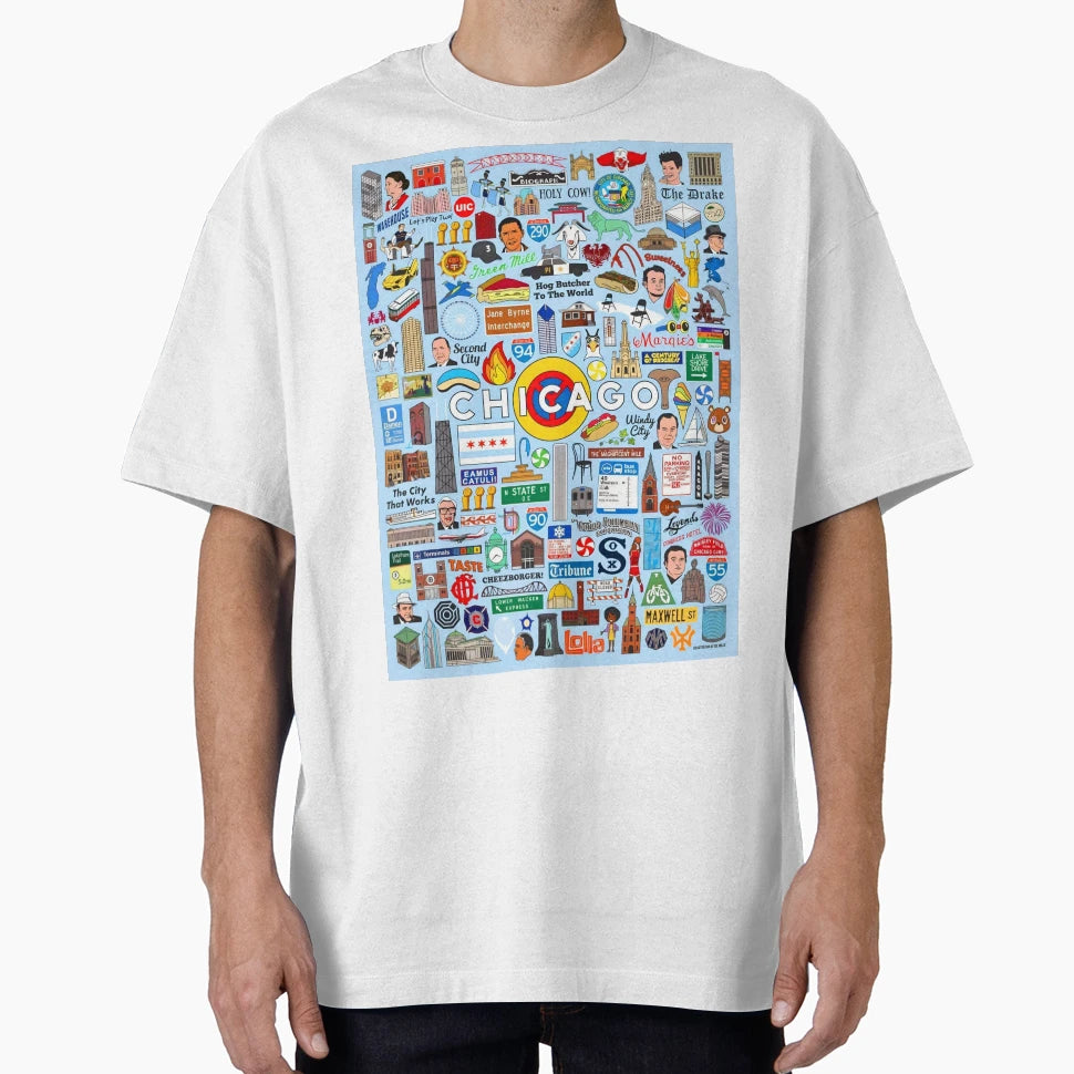Chicago Iconic Landmarks Signs Symbols T-Shirt - Unique Graphic for Adults - T-Shirt, Sweatshirt, Hoodie