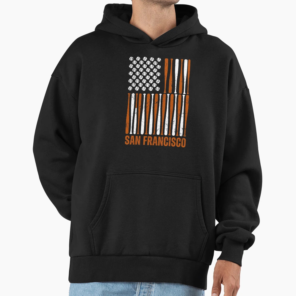 San Francisco Baseball American Flag Hoodie - Unique Graphic for Adults - T-Shirt, Sweatshirt, Hoodie