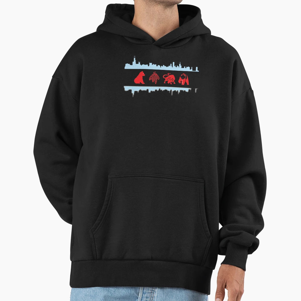 Chicago Flags Teams And Skyline Hoodie - Fun Novelty Design Men Women - T-Shirt, Sweatshirt, Hoodie