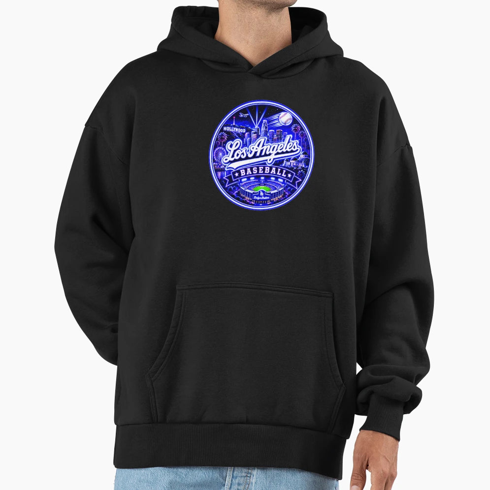 Los Angeles Baseball Neon Night Skyline Hoodie - Graphic Print Unisex - T-Shirt, Sweatshirt, Hoodie