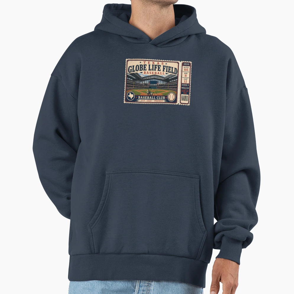 Texas Baseball Ticket Stub Globe Hoodie - Fun Novelty Design Men Women - T-Shirt, Sweatshirt, Hoodie