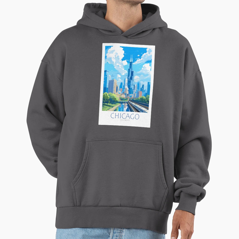 Minimalistic Chicago Illinois Hoodie - Streetwear Style Men Women - T-Shirt, Sweatshirt, Hoodie
