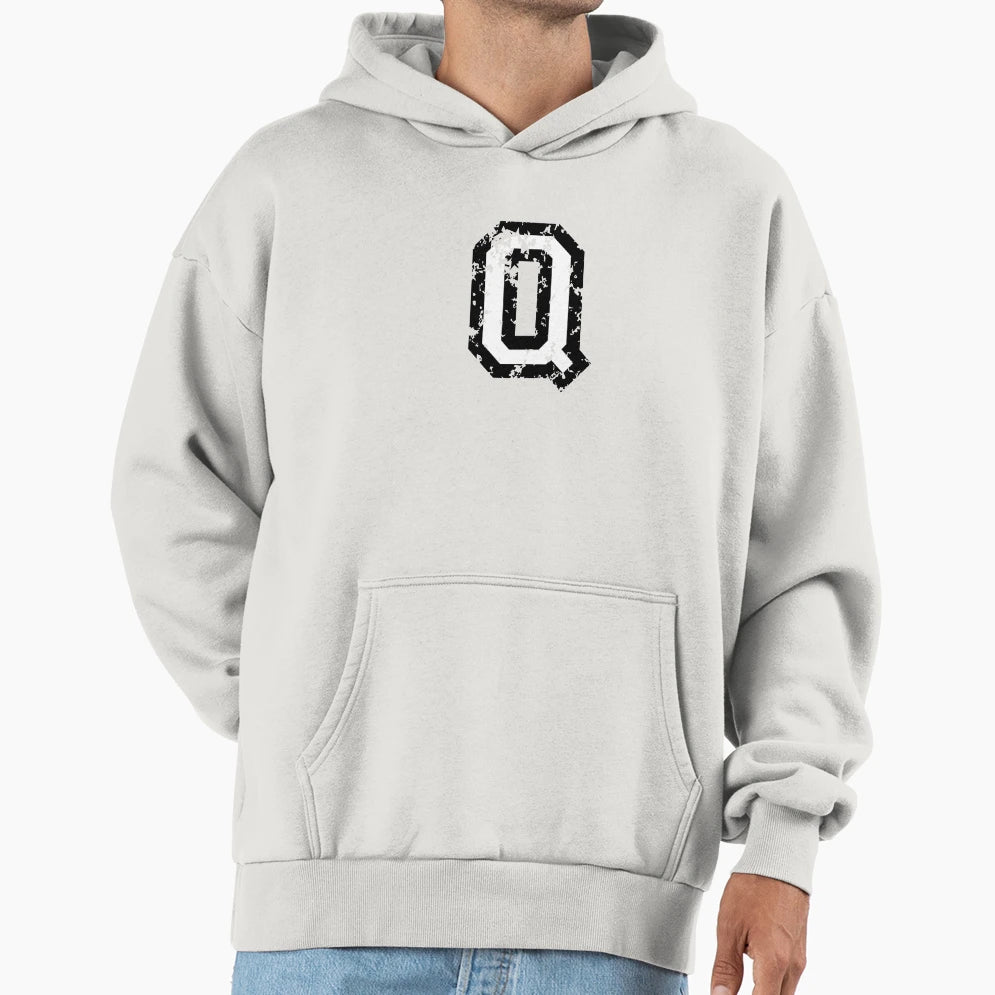 Letter Q Distressed Two Color Black Hoodie - Fun Novelty Design Men Women - T-Shirt, Sweatshirt, Hoodie