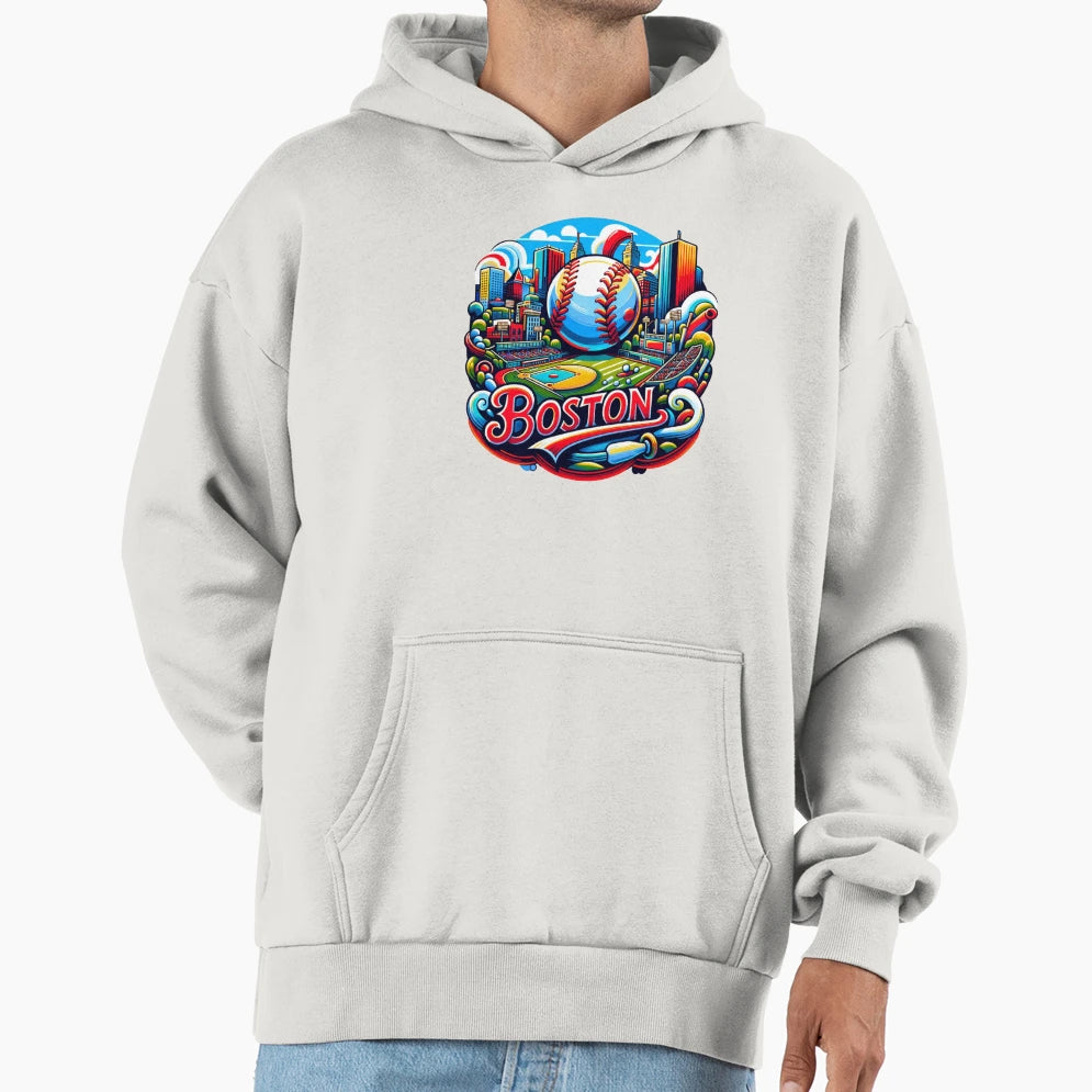 Boston Baseball Cityscape Badge Hoodie - Novelty Apparel Unisex - T-Shirt, Sweatshirt, Hoodie