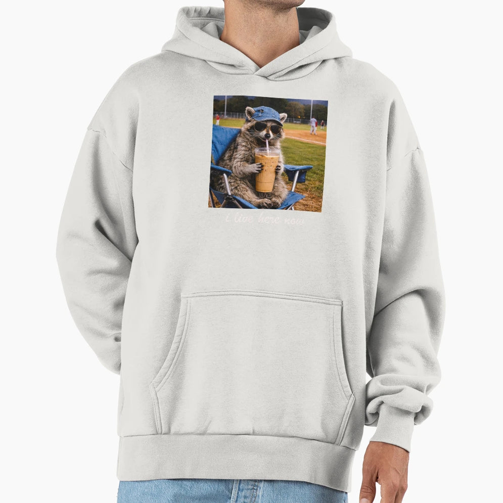 Racoon Meme I Live Here Now Baseball Tis Hoodie - Trendy Graphic Men Women - T-Shirt, Sweatshirt, Hoodie